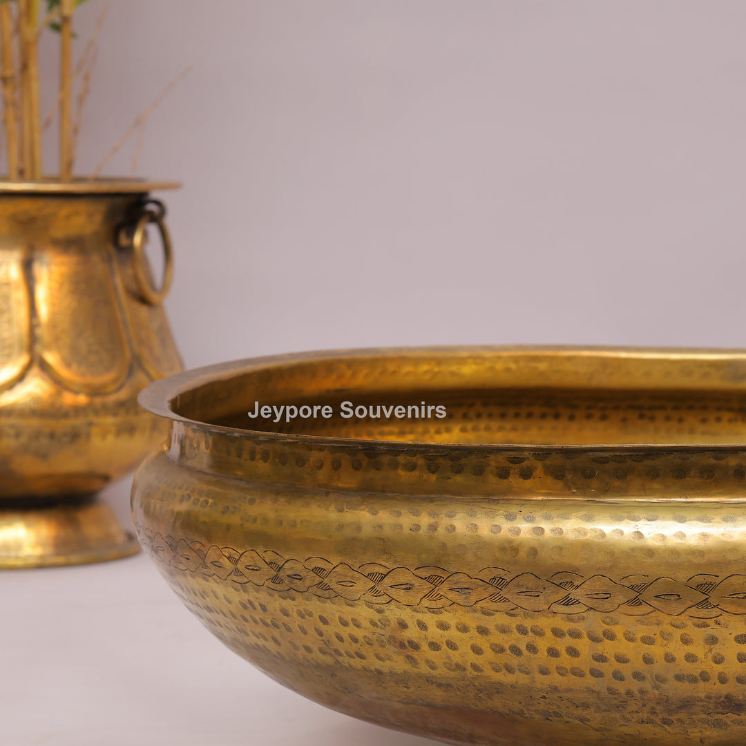 Handcrafted Brass Urli Bowl with Hammered Finish &amp; Pedestal Stand