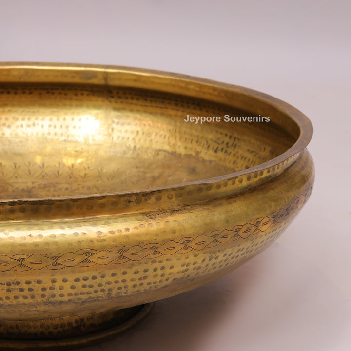 Handcrafted Brass Urli Bowl with Hammered Finish &amp; Pedestal Stand