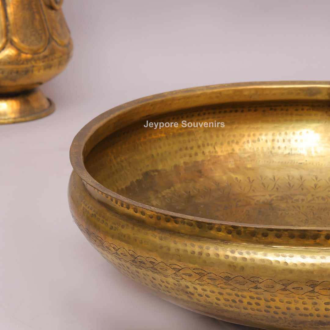 Handcrafted Brass Urli Bowl with Hammered Finish &amp; Pedestal Stand