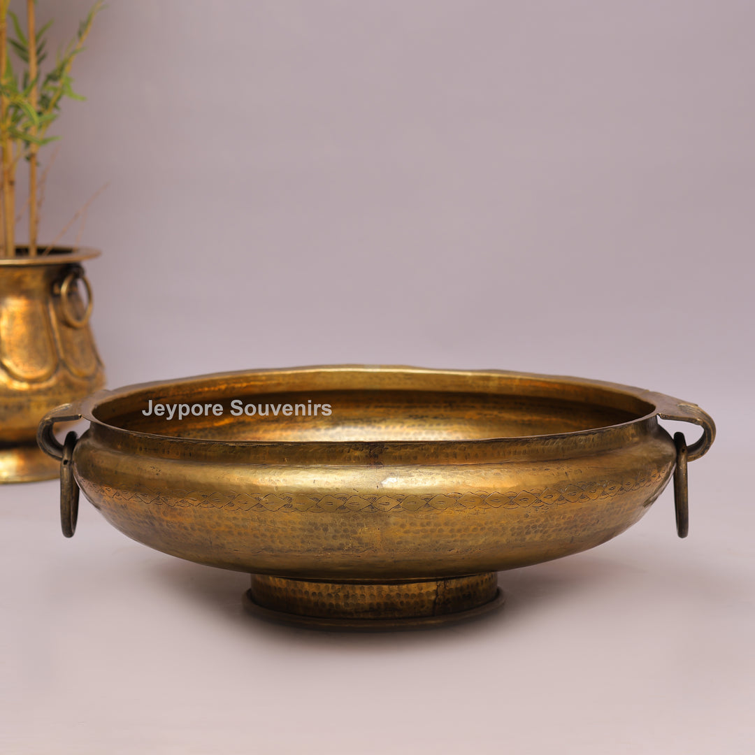Handcrafted Brass Urli with Side Handles &amp; Pedestal Stand