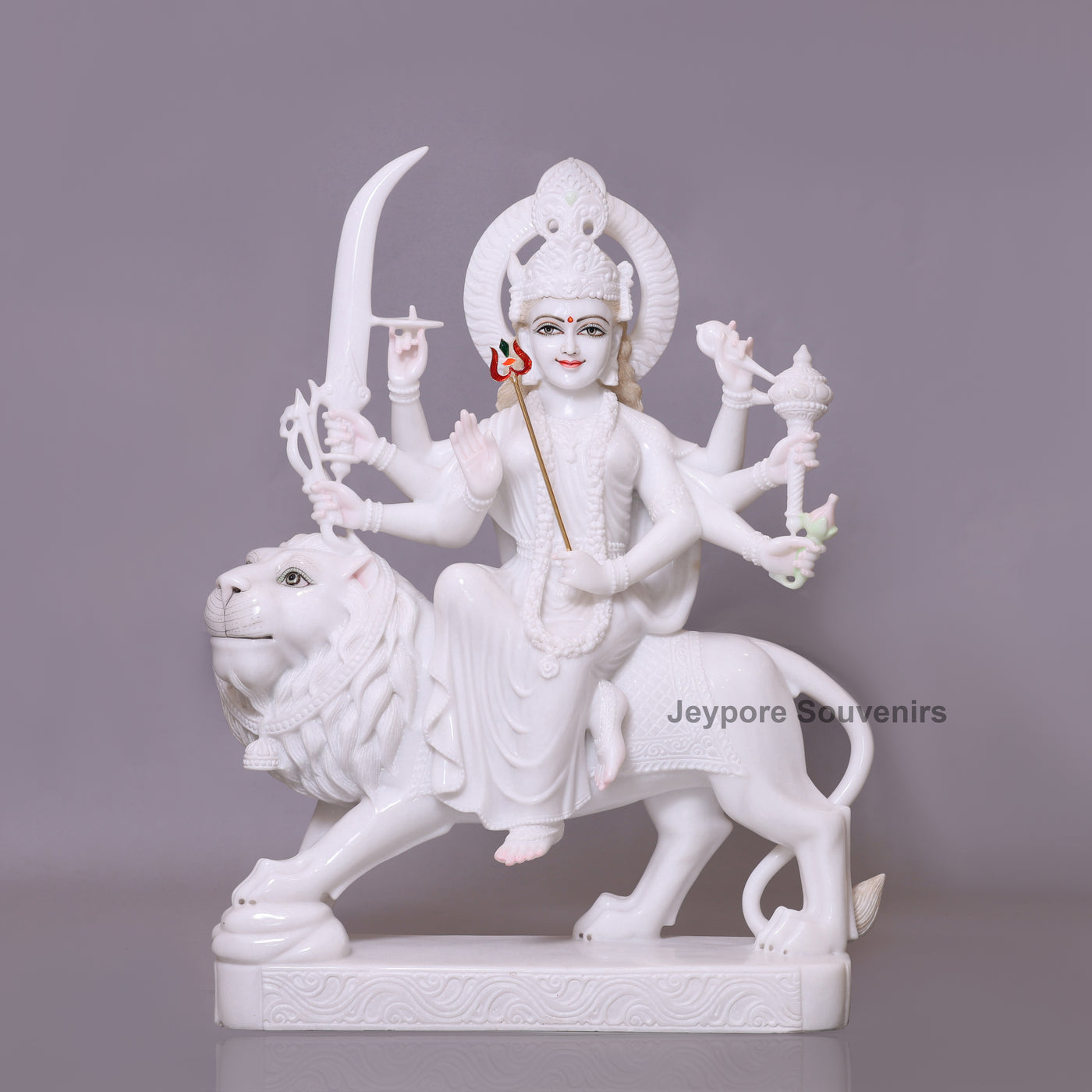 36" Pure White Marble Goddess Durga Idol on Lion