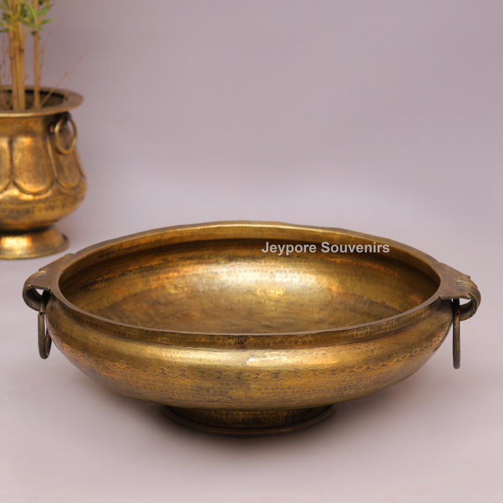 Handcrafted Brass Urli with Side Handles &amp; Pedestal Stand