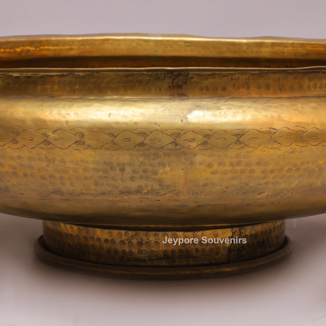 Handcrafted Brass Urli with Side Handles &amp; Pedestal Stand