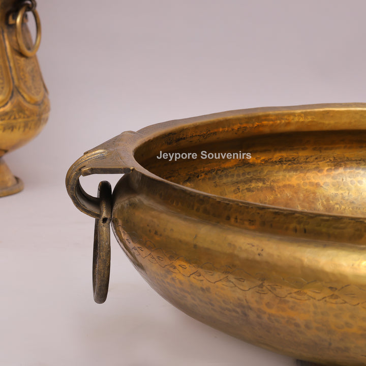 Handcrafted Brass Urli with Side Handles &amp; Pedestal Stand