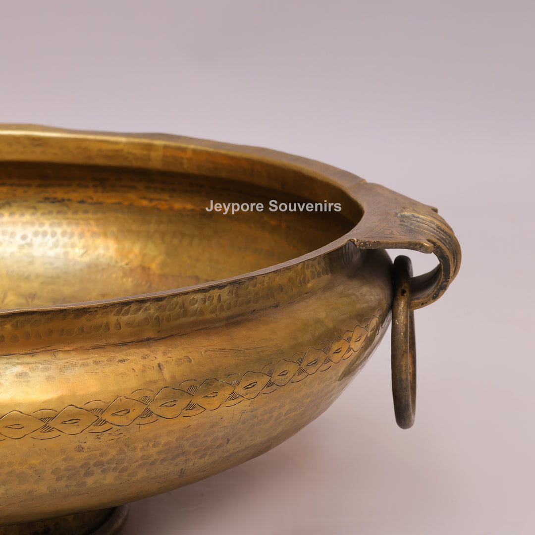 Handcrafted Brass Urli with Side Handles &amp; Pedestal Stand