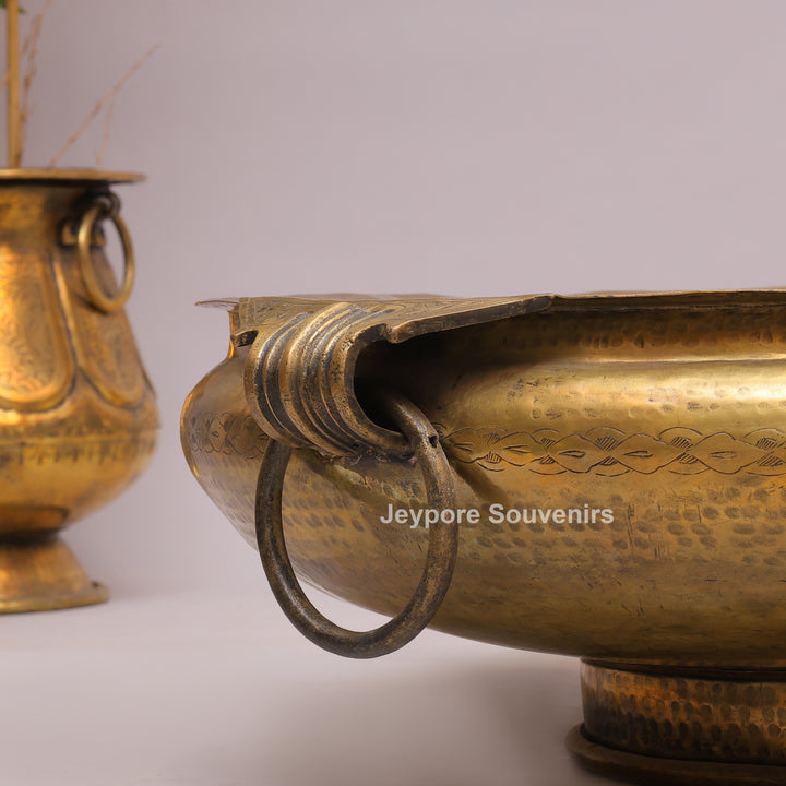 Handcrafted Brass Urli with Side Handles &amp; Pedestal Stand
