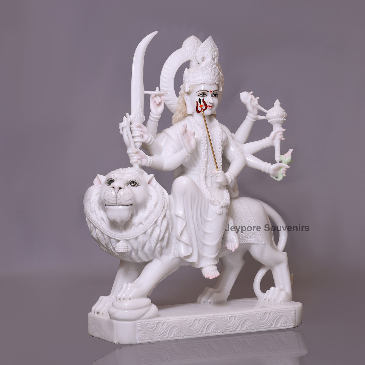 36" Pure White Marble Goddess Durga Idol on Lion