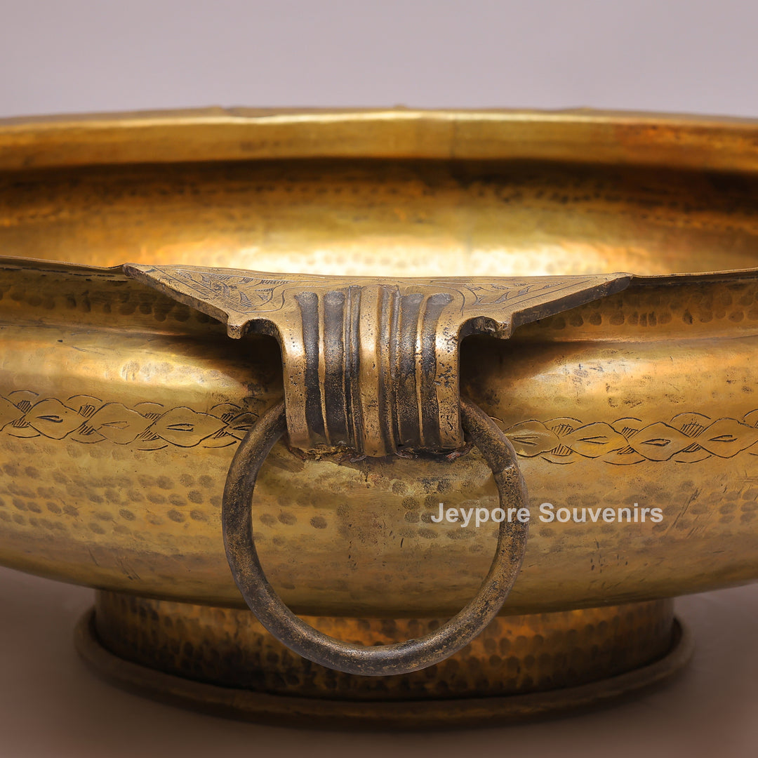 Handcrafted Brass Urli with Side Handles &amp; Pedestal Stand