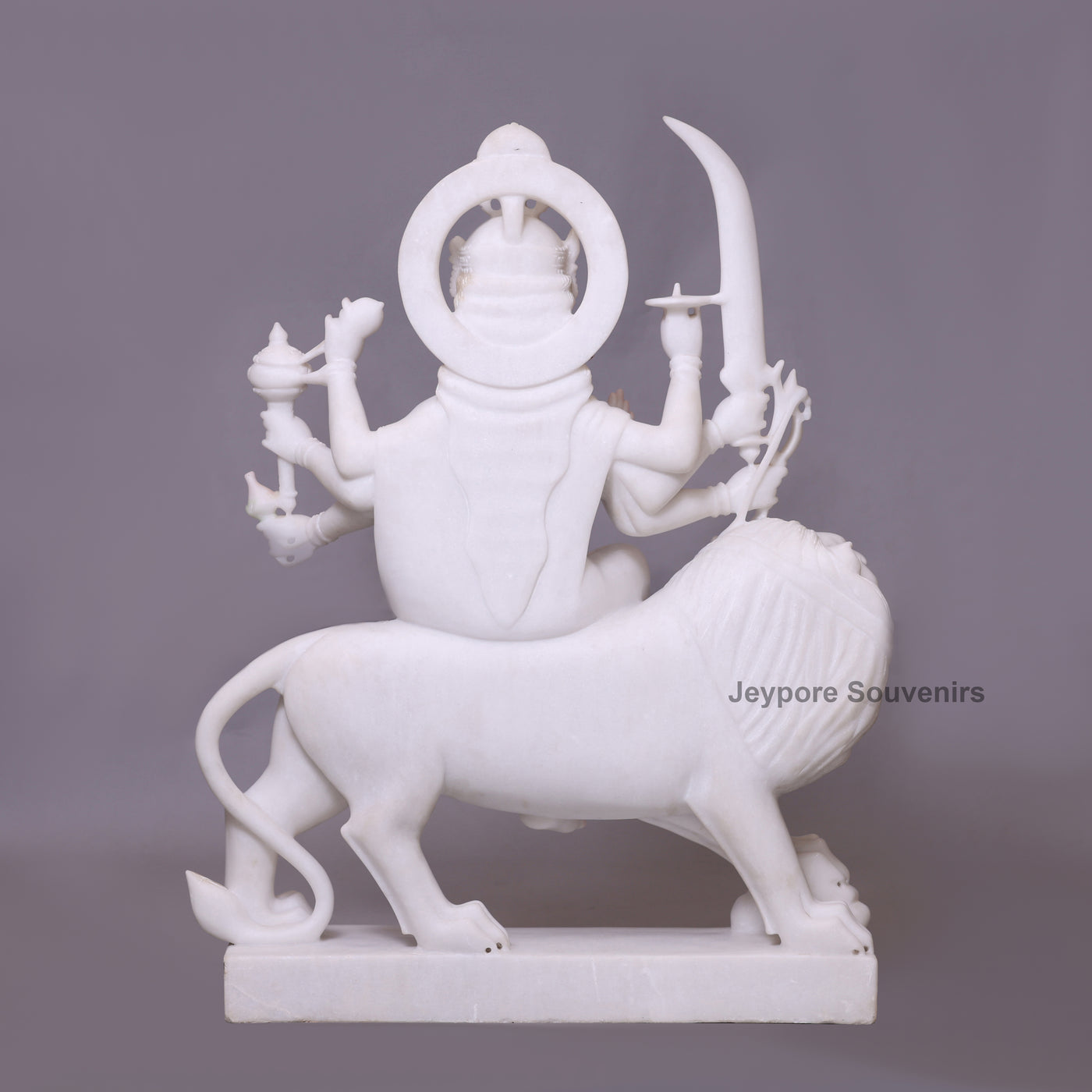 36" Pure White Marble Goddess Durga Idol on Lion