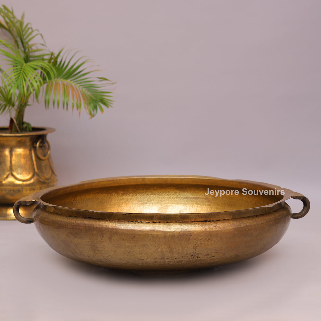 Antique Brass Urli Bowl with Hammered Finish &amp; Side Handles