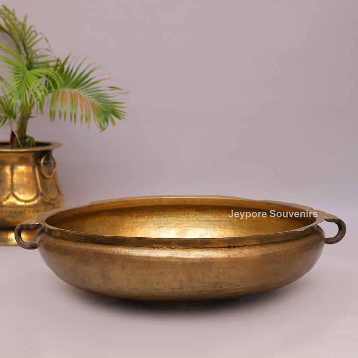 Antique Brass Urli Bowl with Hammered Finish &amp; Side Handles