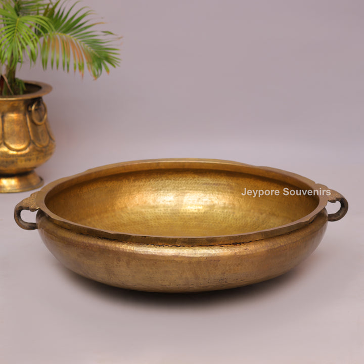 Antique Brass Urli Bowl with Hammered Finish &amp; Side Handles