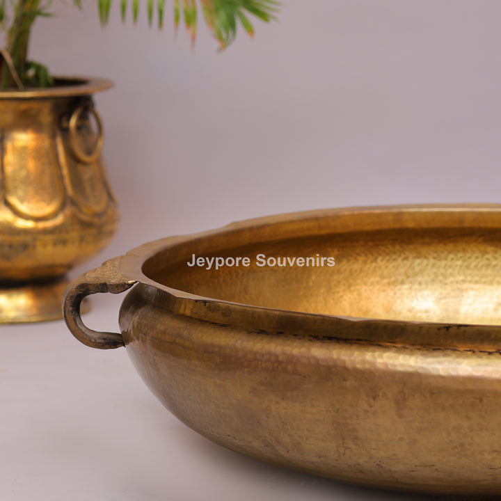 Antique Brass Urli Bowl with Hammered Finish &amp; Side Handles