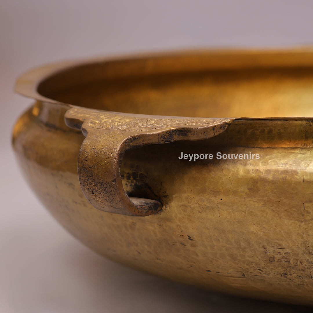 Antique Brass Urli Bowl with Hammered Finish &amp; Side Handles