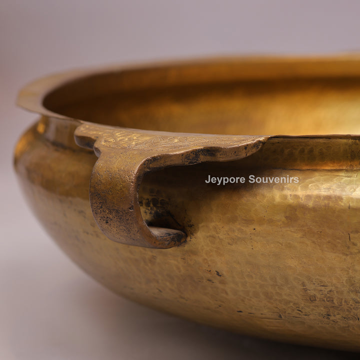 Antique Brass Urli Bowl with Hammered Finish &amp; Side Handles