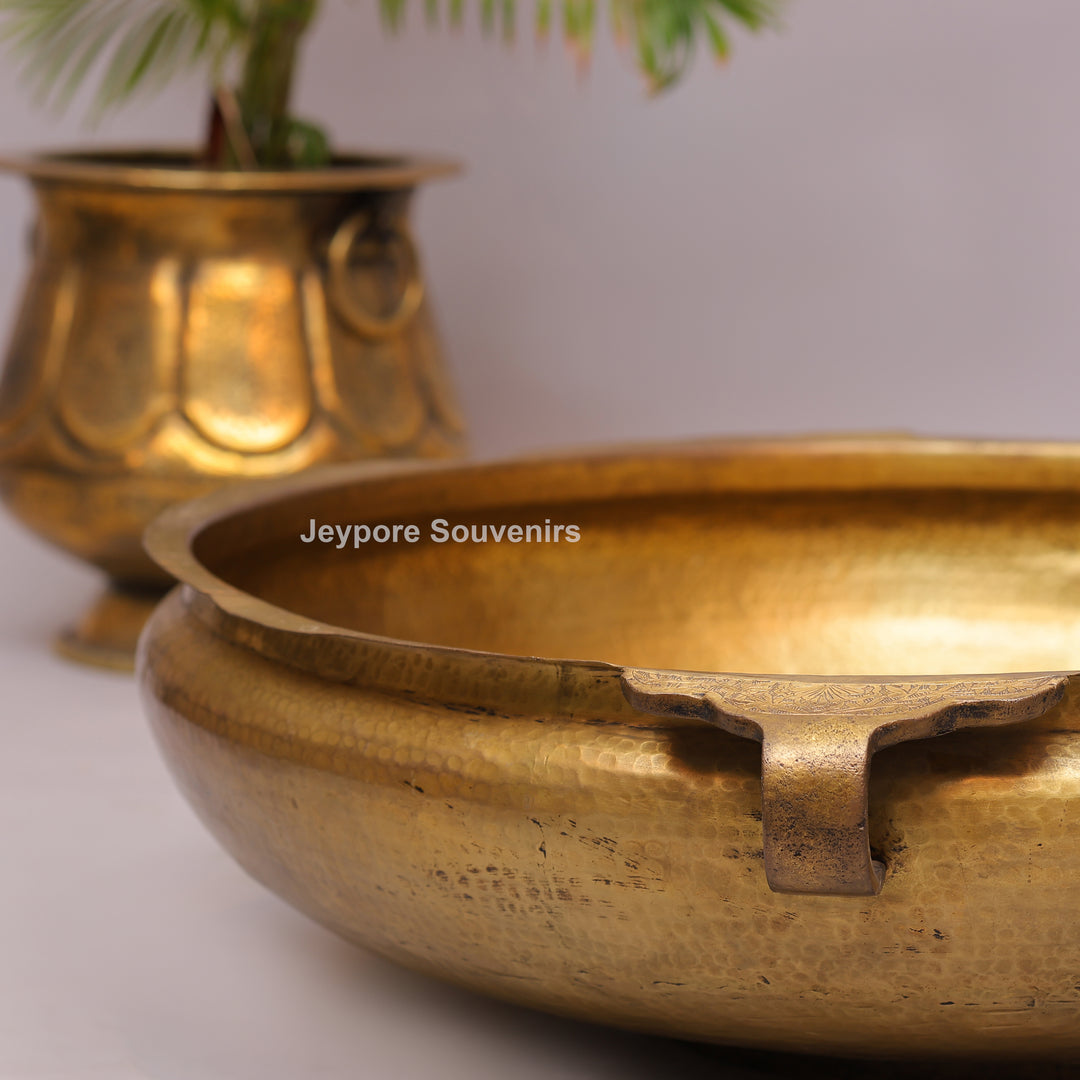Antique Brass Urli Bowl with Hammered Finish &amp; Side Handles