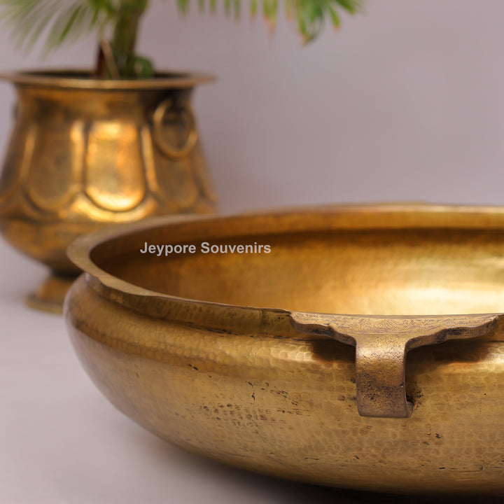 Antique Brass Urli Bowl with Hammered Finish &amp; Side Handles