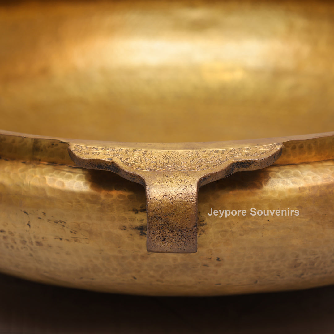 Antique Brass Urli Bowl with Hammered Finish &amp; Side Handles