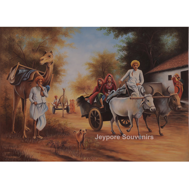 Traditional Rajasthani Village Life Canvas Painting – Rural Heritage Wall Art