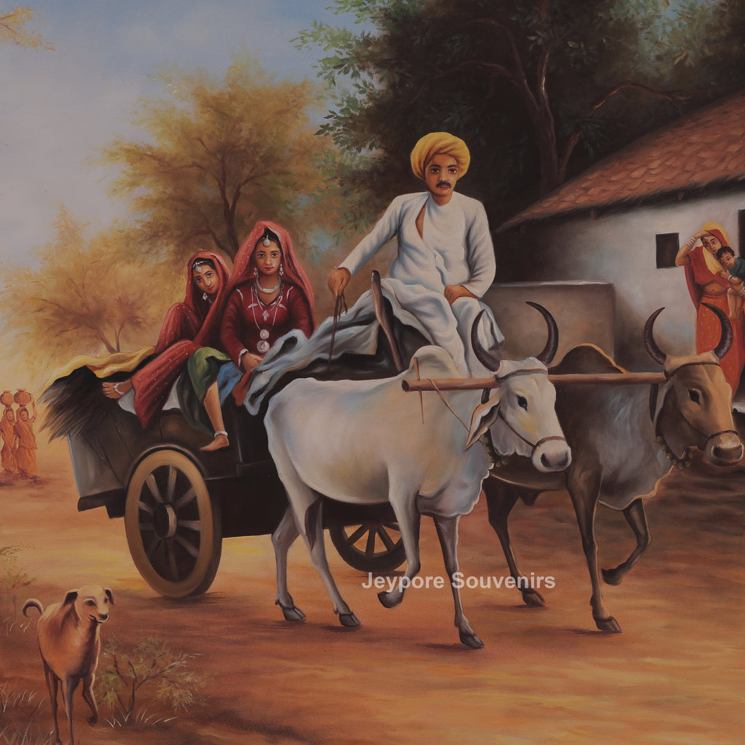 Traditional Rajasthani Village Life Canvas Painting – Rural Heritage Wall Art