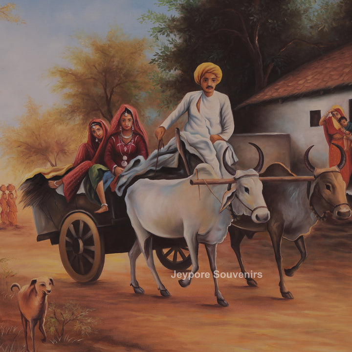 Traditional Rajasthani Village Life Canvas Painting – Rural Heritage Wall Art
