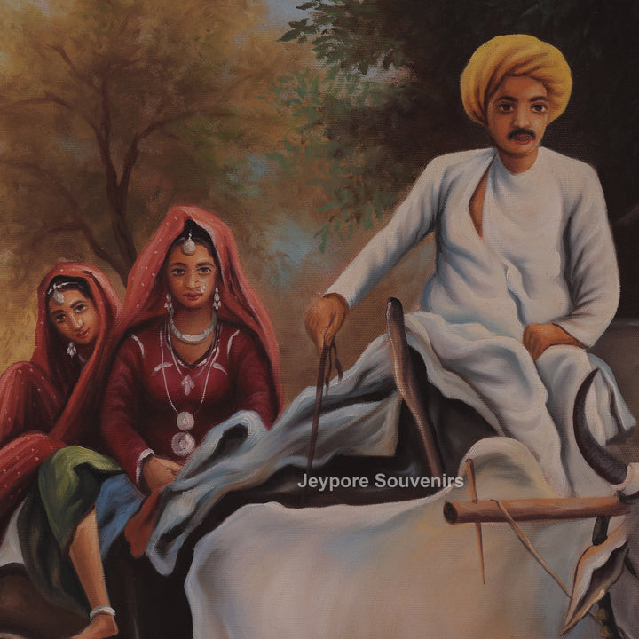 Traditional Rajasthani Village Life Canvas Painting – Rural Heritage Wall Art