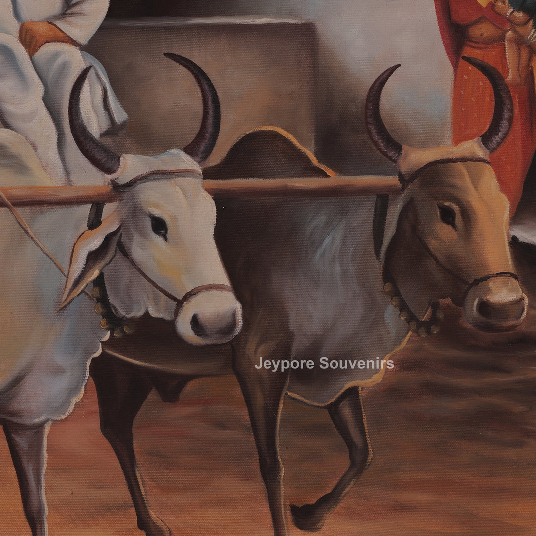 Traditional Rajasthani Village Life Canvas Painting – Rural Heritage Wall Art