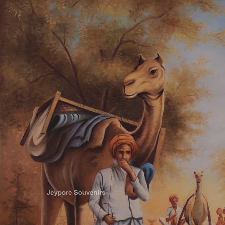 Traditional Rajasthani Village Life Canvas Painting – Rural Heritage Wall Art
