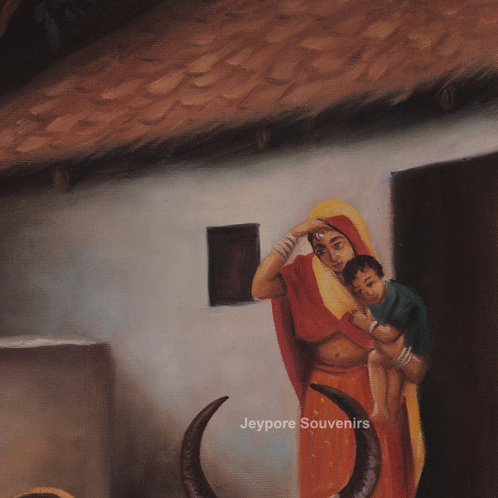Traditional Rajasthani Village Life Canvas Painting – Rural Heritage Wall Art
