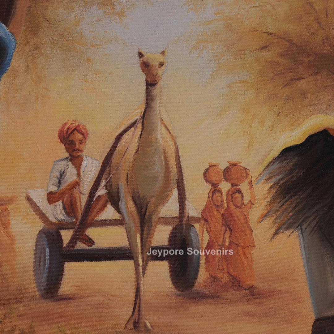 Traditional Rajasthani Village Life Canvas Painting – Rural Heritage Wall Art