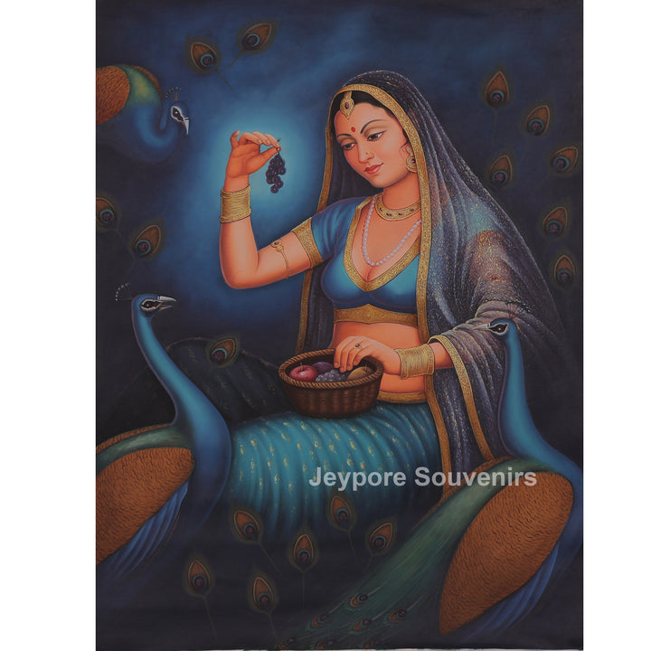 Rajasthani Lady Feeding Fruits Peacock Canvas Painting