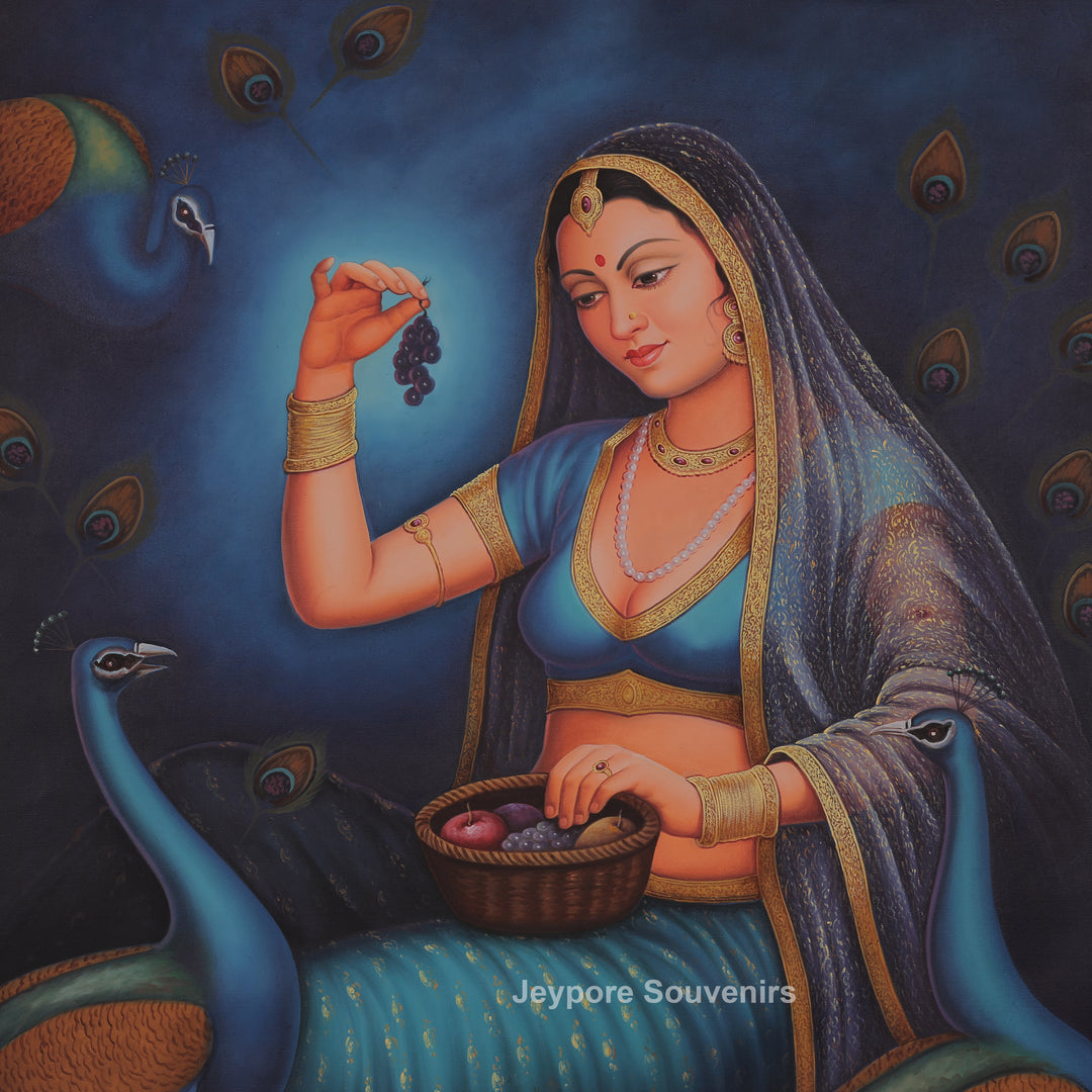 Rajasthani Lady Feeding Fruits Peacock Canvas Painting