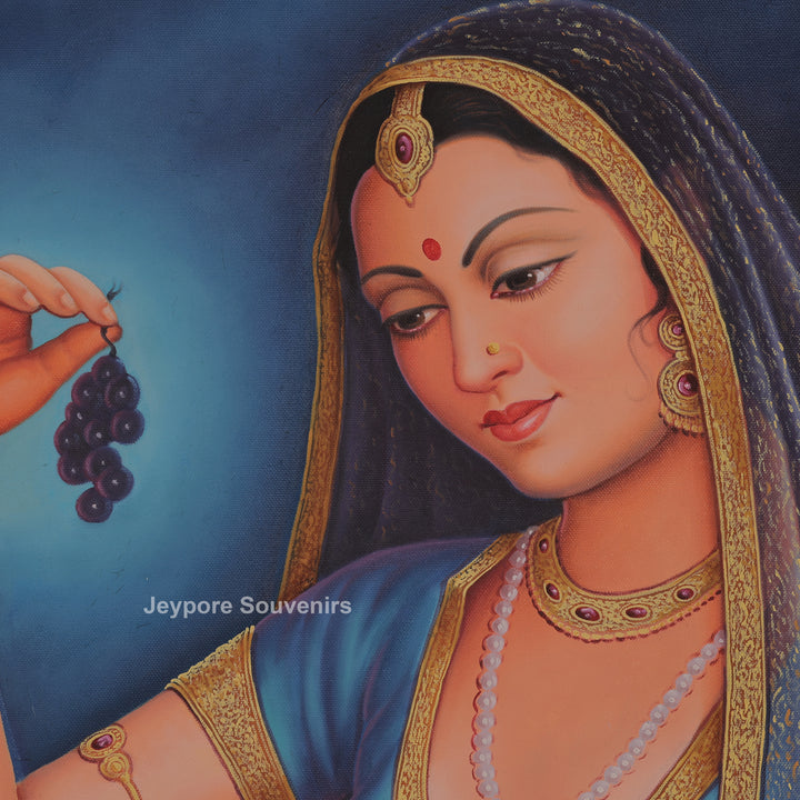 Rajasthani Lady Feeding Fruits Peacock Canvas Painting