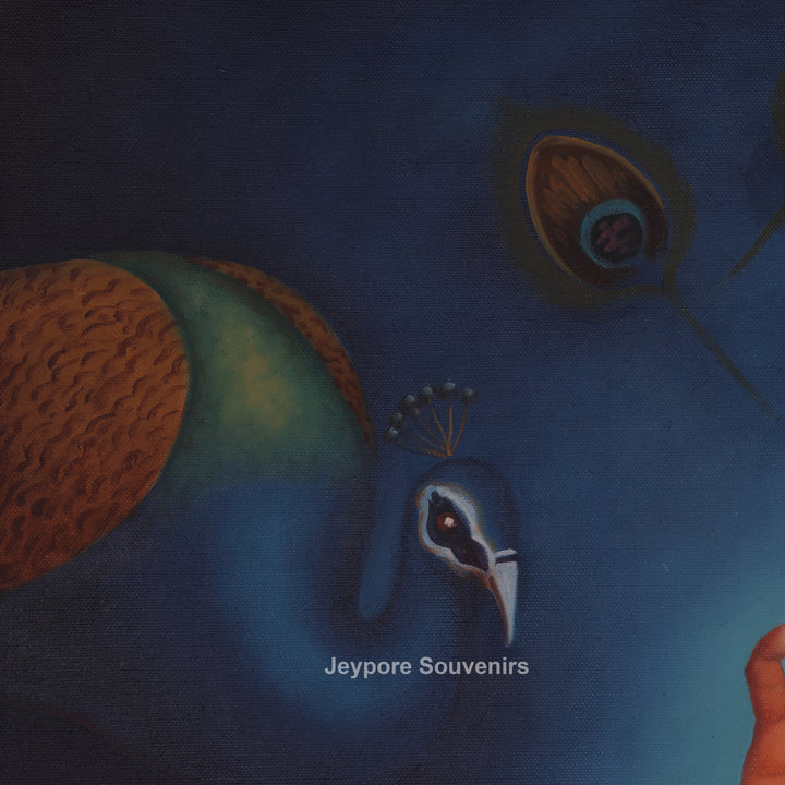 Rajasthani Lady Feeding Fruits Peacock Canvas Painting