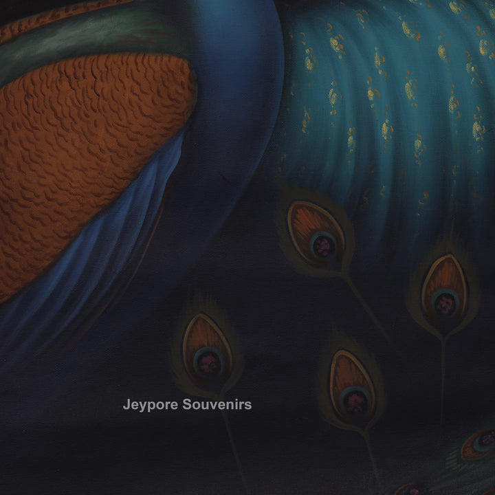 Rajasthani Lady Feeding Fruits Peacock Canvas Painting