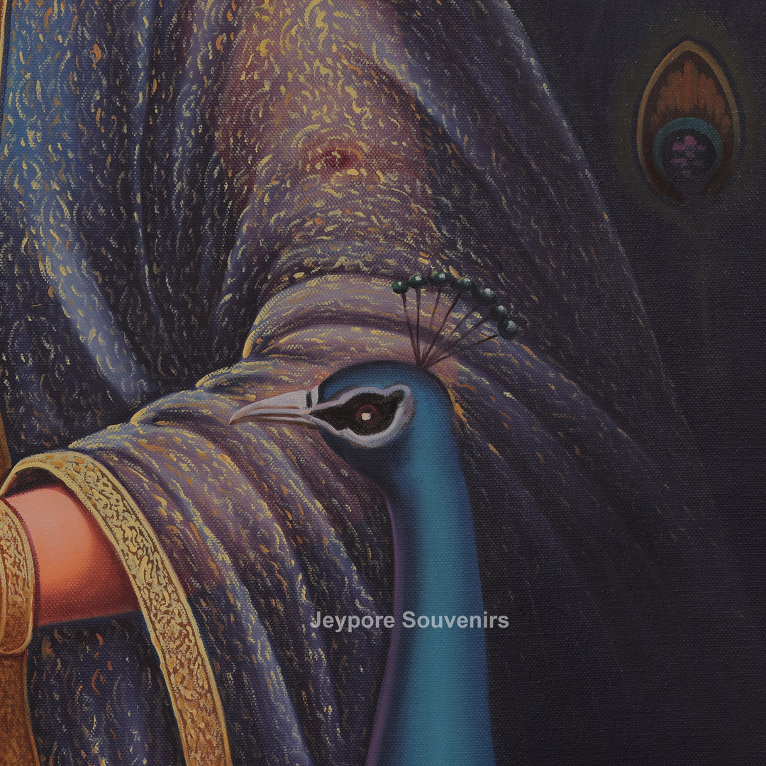 Rajasthani Lady Feeding Fruits Peacock Canvas Painting