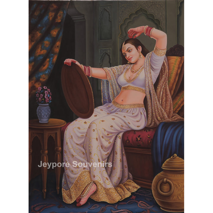 Royal Lady Mirror Dressing Herself Miniature Canvas Painting
