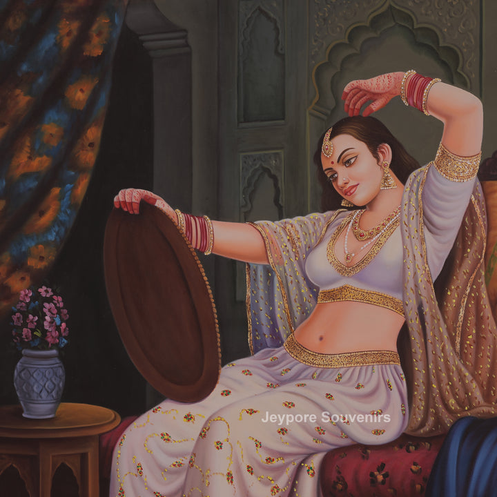 Royal Lady Mirror Dressing Herself Miniature Canvas Painting