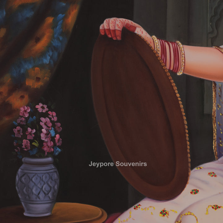 Royal Lady Mirror Dressing Herself Miniature Canvas Painting