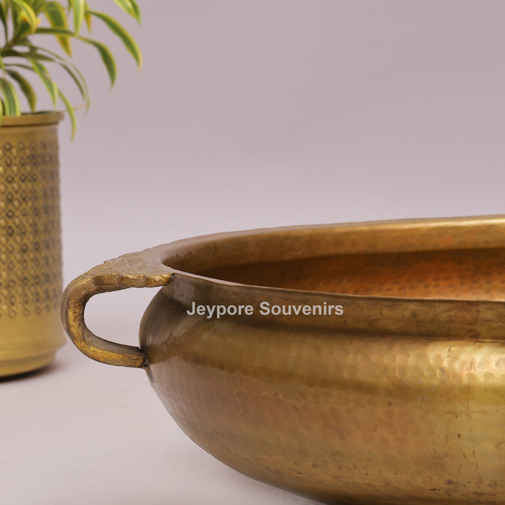 Handcrafted Hammered Brass Urli Bowl with Side Handles