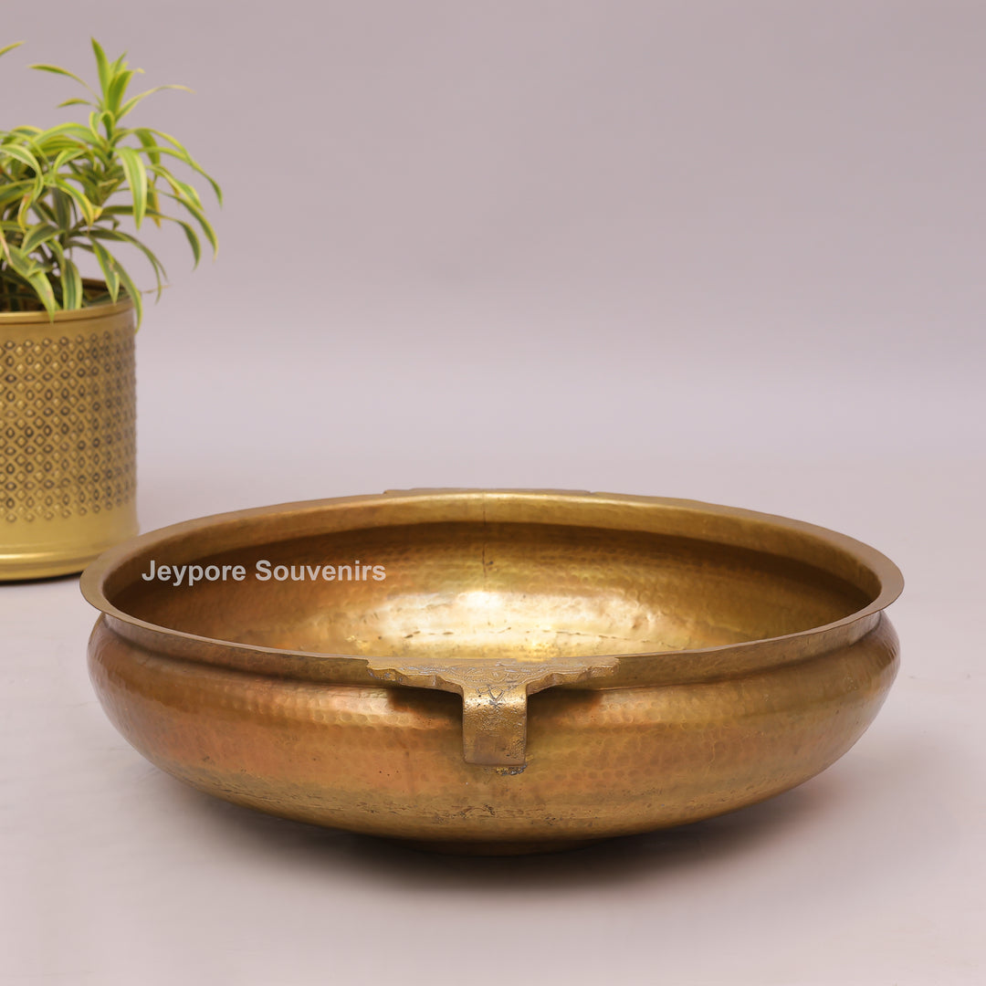 Handcrafted Hammered Brass Urli Bowl with Side Handles