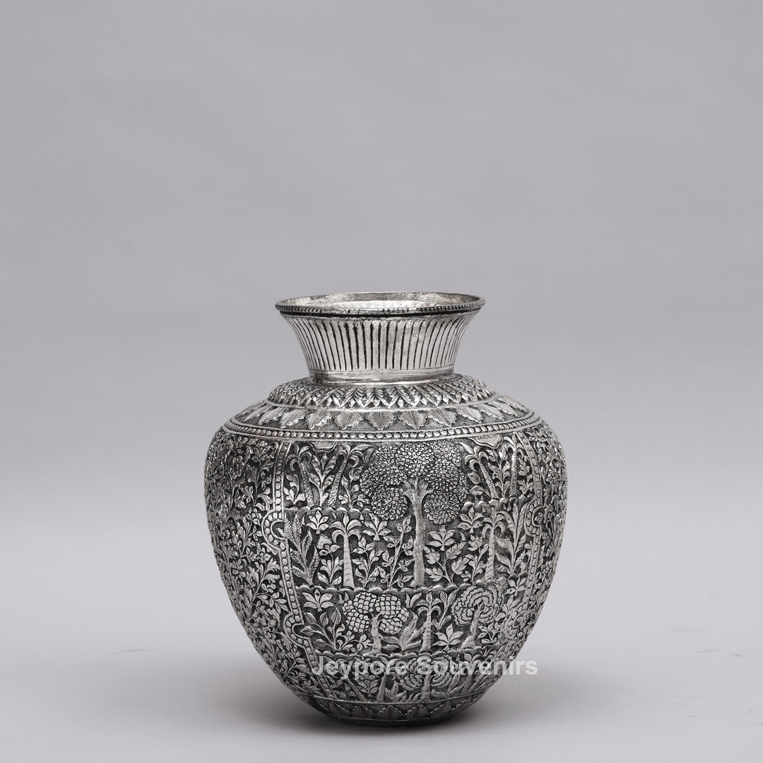Handcrafted Oxidised Silver Finish Floral Engraved Metal Vase