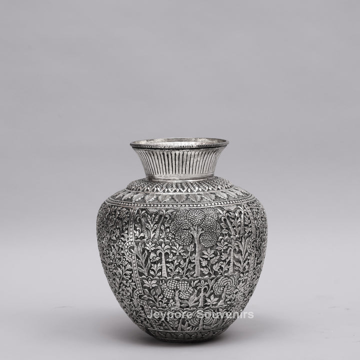 Handcrafted Oxidised Silver Finish Floral Engraved Metal Vase