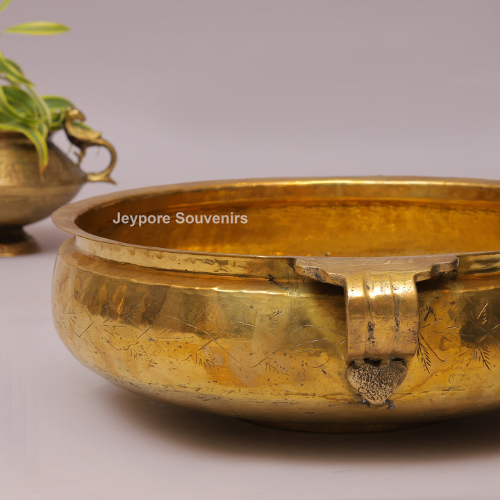 Traditional Indian Floral Engraved Decorative Urli with Side Handles