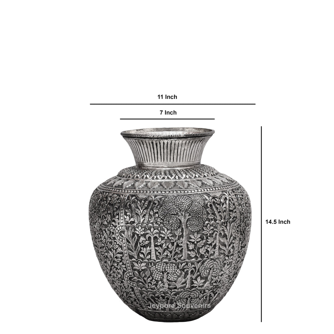 Handcrafted Oxidised Silver Finish Floral Engraved Metal Vase