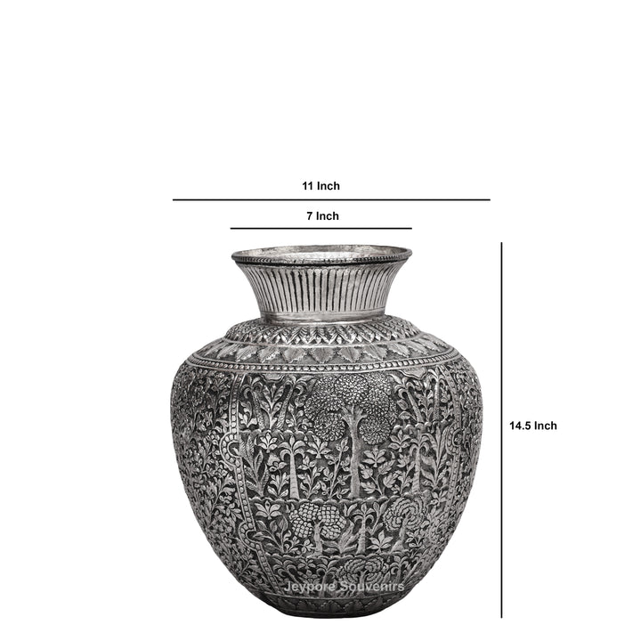 Handcrafted Oxidised Silver Finish Floral Engraved Metal Vase