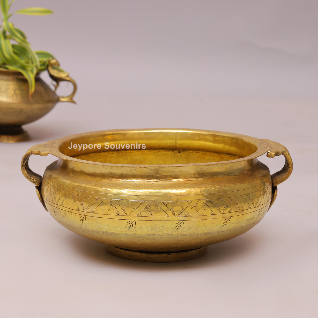 Handcrafted Brass Urli Bowl with Handles &amp; Geometric Engraving