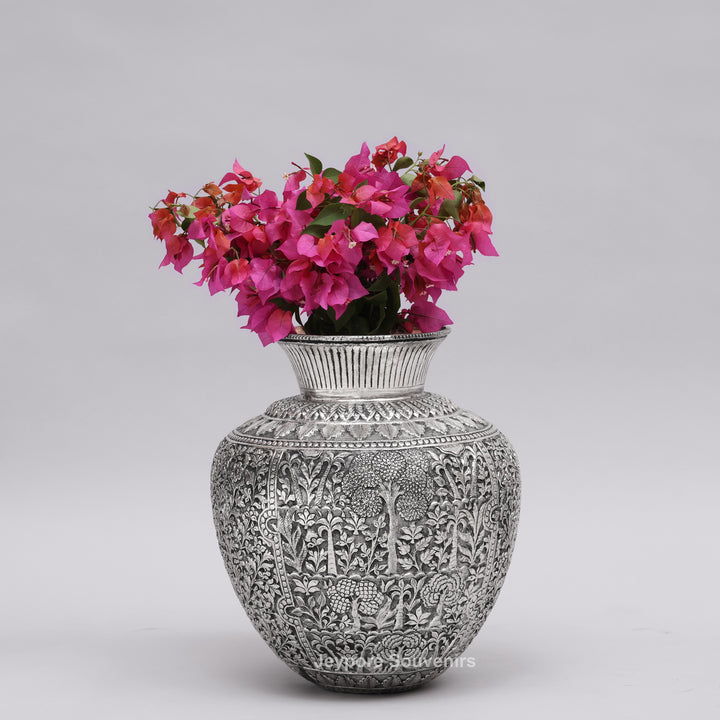 Handcrafted Oxidised Silver Finish Floral Engraved Metal Vase