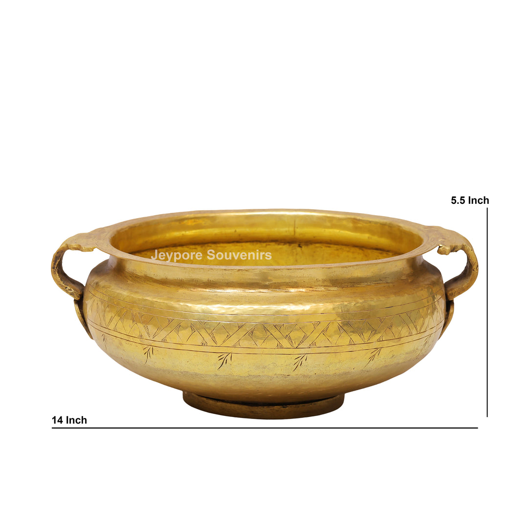 Handcrafted Brass Urli Bowl with Handles &amp; Geometric Engraving