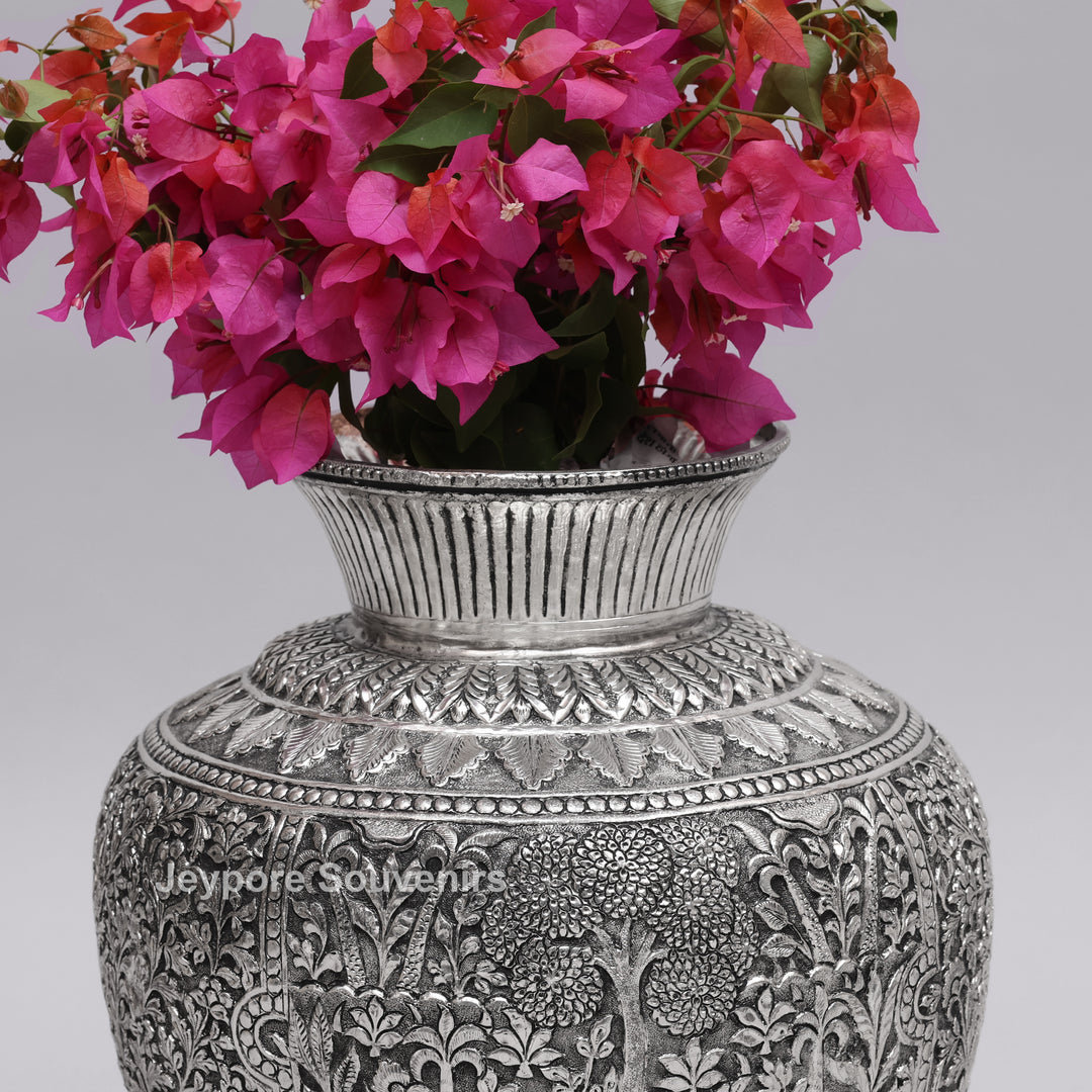 Handcrafted Oxidised Silver Finish Floral Engraved Metal Vase